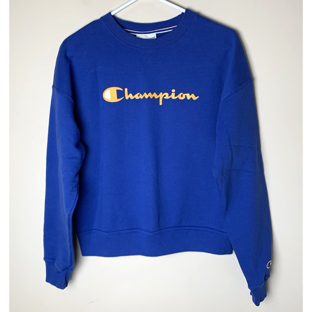 Vintage Champion Sweatshirt Womens Small Blue Spellout 50/50